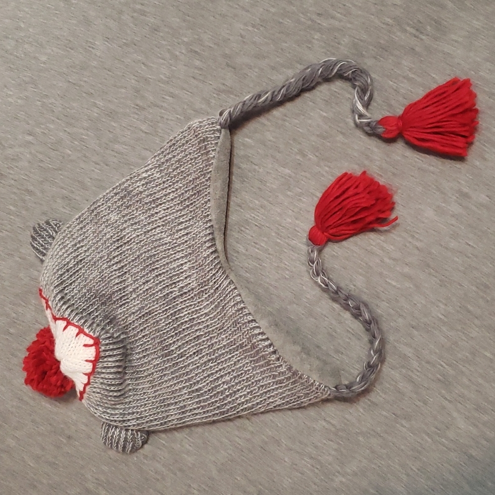 Sock Monkey Pom Pom Beanie Earflap Trapper Cap Hat w/ Strings - Picture 3 of 8